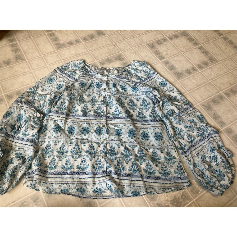 Blu Pepper Blue Floral Top L Puff Ruffle‎ Sleeve Button Front Toile Cottagecore
